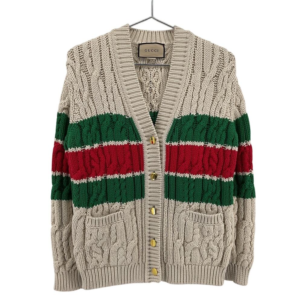 Gucci Cable Knit Cream White Bright Red Green Web Stripe Cardigan Size XS